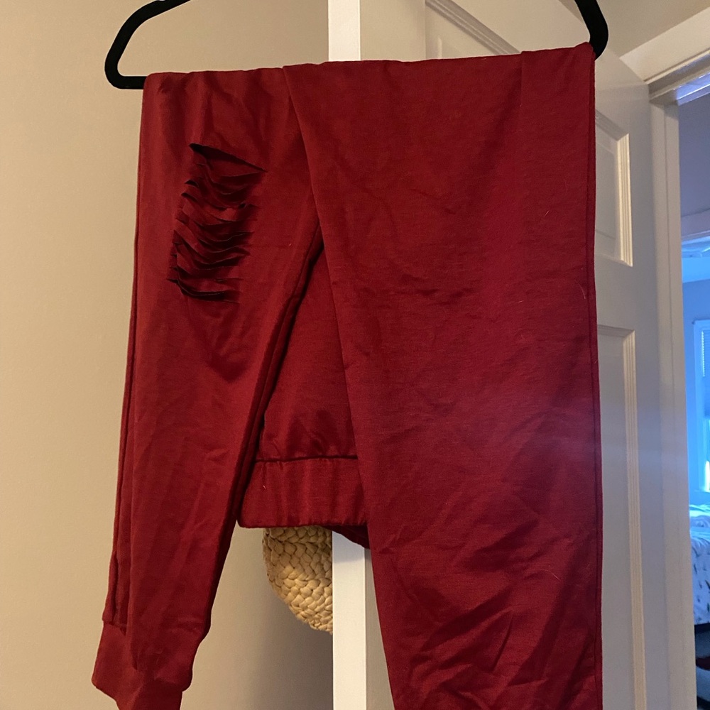 Red Distressed Hoodie with Drawstring - Picture 4 of 9